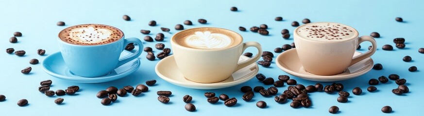 Aufkleber - 3 coffee cups and saucers with different types of coffee, blue background, in the middle is one cup filled to the brim with creamy milk foam, surrounded by many coffee beans,