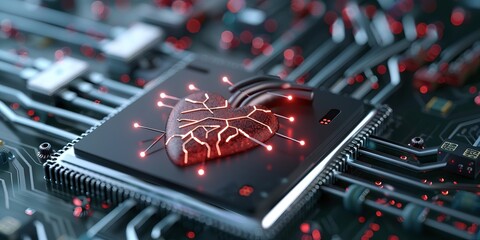 Fototapete - A close-up of a microchip with a heart design, symbolizing the fusion of technology and emotion, featuring glowing red accents and intricate circuitry.