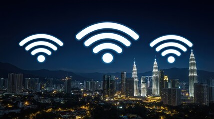 Poster - Kuala Lumpur's vibrant skyline features fast internet connections, symbolized by glowing icons against a wildlife wallpaper backdrop at night