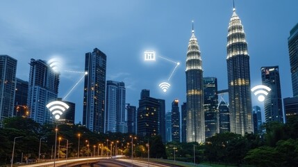 Poster - Kuala Lumpur's vibrant skyline features fast internet connections, symbolized by glowing icons against a wildlife wallpaper backdrop at night