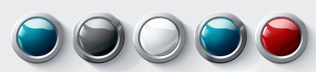 Set of glossy buttons in different colors, gray background, white, blue, and red buttons, silver frame.