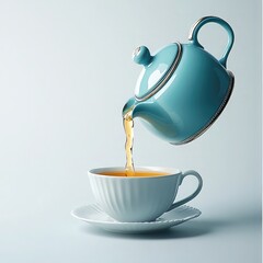 Poster - A Blue teapot pouring tea into a white cup, on an isolated background