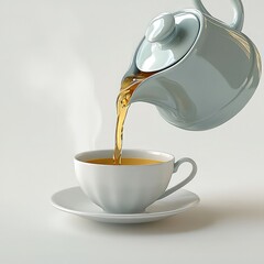 Aufkleber - A Blue teapot pouring tea into a white cup, on an isolated background