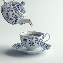Poster - A Blue printed teapot pouring tea into a white cup, on an isolated background