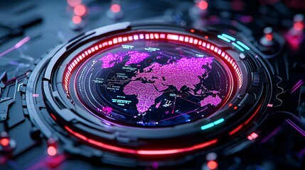 Poster - Futuristic User Interface Display with World Map and Neon Highlights for Technology Concepts