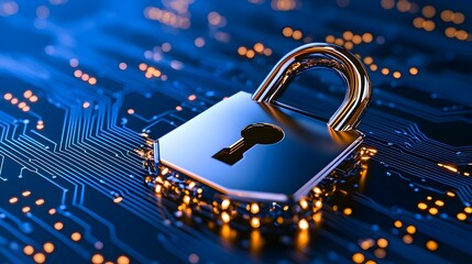 Poster - Futuristic Vector Illustration of Cybersecurity Concept With Lock Over Digital Background