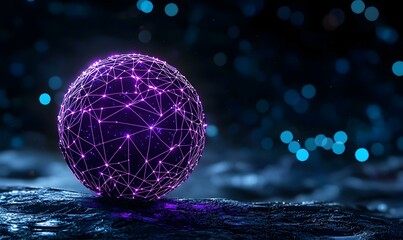 Poster - Futuristic Purple Sphere Composed of Particles in a High-Tech Environment with Glowing Highlights
