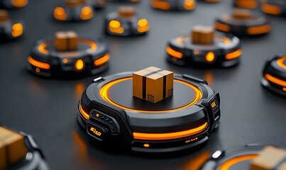 Poster - Futuristic 3D Concept of Automated Retail with Smart Packaging and Rotating Platforms