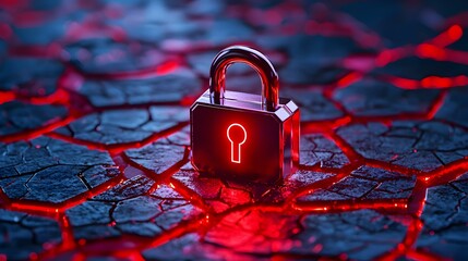 Poster - Futuristic 3D Concept of Ransomware Cyber Security Lock on Lava Background