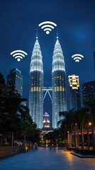 Poster - Kuala Lumpur's vibrant skyline features fast internet connections, symbolized by glowing icons against a wildlife wallpaper backdrop at night