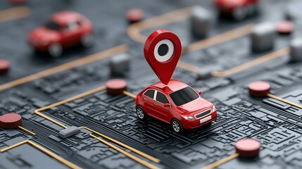 Poster - Red Automobile with GPS Tracking on Circuit Board Displaying Pulsing Signal Technology
