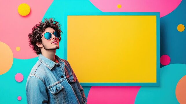 A modern banner design with a bold rectangular graphic frame placed on a vibrant gradient background blending neon pink, electric blue, and sunny yellow.