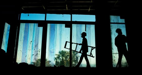 Poster - Team, building and silhouette on construction site for urban development, engineering or workers. Industry people, shadow or project working with communication, process or property renovation in city