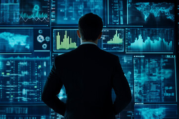Aufkleber - man in a suit stands in front of a computer monitor displaying a lot of data. The man is focused and attentive, possibly analyzing the information on the screen