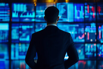 Aufkleber - man in a suit stands in front of a computer monitor displaying a lot of data. The man is focused and attentive, possibly analyzing the information on the screen