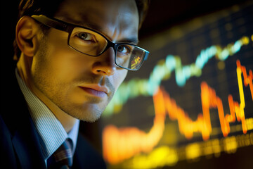 Aufkleber - man wearing glasses is looking at a computer screen with a graph on it. The graph shows a downward trend, which may indicate a negative outcome