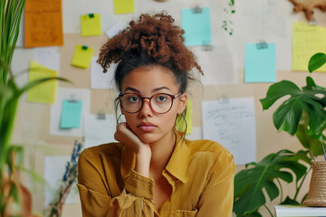Poster - woman with curly hair and glasses is sitting on her knees in front of a wall covered in yellow and green notes