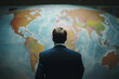 © lashkhidzetim - man in a suit is looking at a globe. The globe is large and has many countries on it. The man is focused on the globe, possibly studying it or planning a trip
