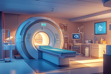 Aufkleber - hospital room with a large MRI machine. The room is bright and sterile, with a potted plant in the corner. Scene is clinical and serious, as it is a medical setting