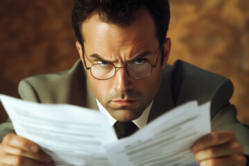 Poster - man wearing glasses is reading a piece of paper. He is angry or frustrated. Concept of tension or conflict