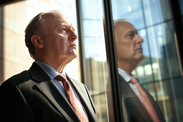 Poster - man in a suit and tie is looking out a window. He is deep in thought