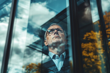 Poster - man in a suit is looking out a window, possibly at the trees outside. Concept of contemplation or reflection, as the man is deep in thought