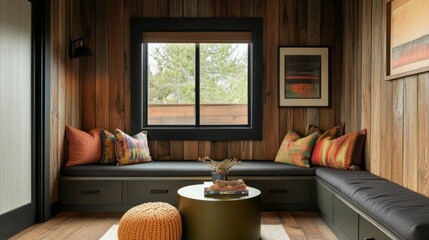 Wall Mural - Cozy built-in window seat with dark wood walls, colorful pillows, and low coffee table in a rustic room.