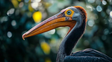 Large bird with a long beak and a yellow beak. The bird has a blue eye and a black head