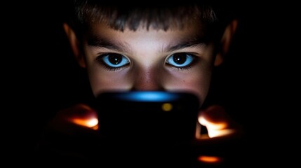 Poster - A young boy is intently looking at a glowing smartphone screen, illuminated by the light, with a dark background emphasizing his eyes