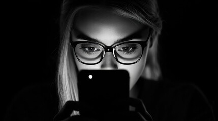 Poster - Woman with glasses intently looking at a smartphone screen in a dark environment, illuminated by the screen's light