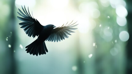 Poster - A dark bird with outstretched wings is captured in mid-flight against a blurred, light-filled background