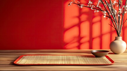 Wall Mural - Empty wooden table with bamboo place mat over red background. Chinese New Year mock up for design and product display. 