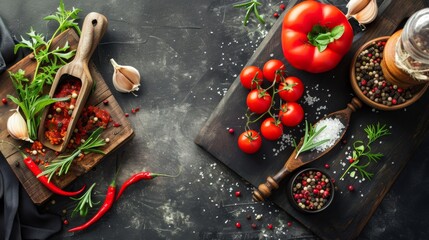 Wall Mural - Fresh tomatoes, spices, and herbs on a dark kitchen counter