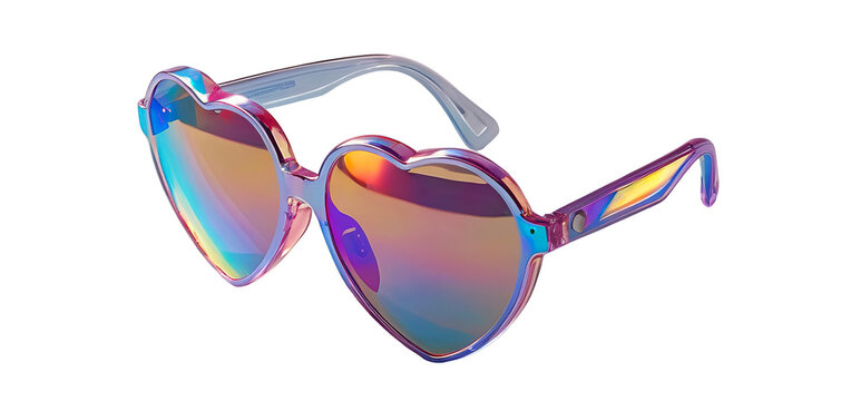 3D chrome element in Y2K style, isolated background, liquid holographic metal. A pair of heart shape sunglasses with rainbow effect.