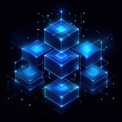 Poster - Futuristic blue digital blocks interconnected in a high-tech network on a dark background.
