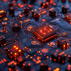 Poster - Close-up of a glowing microchip on a dark circuit board, showcasing intricate designs and vibrant orange lights.