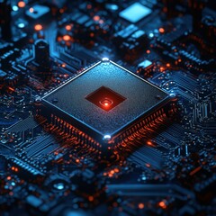 Poster - Close-up of a glowing microchip on a dark circuit board, showcasing intricate electronic details.