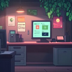 Poster - A cozy workspace featuring a computer with digital currency charts amidst lush greenery.