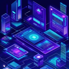 Poster - Futuristic digital interface showcasing blockchain technology and cryptocurrency features in vibrant neon colors.