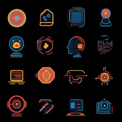 Poster - A vibrant collection of digital icons showcasing technology and innovation in neon colors on a dark background.