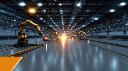 Poster - In a modern industrial setting, robotic arms perform welding tasks while a man's hand holds an iPad Pro, indicating advanced technology use