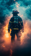 © s1llu - A silhouette of a firefighter standing amidst flames and smoke, wearing protective gear and a helmet. The scene is dramatic with bright orange flames contrasting against dark smoke