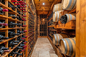 Wall Mural - Narrow wine cellar filled with racks of wine as well as wooden wine barrels