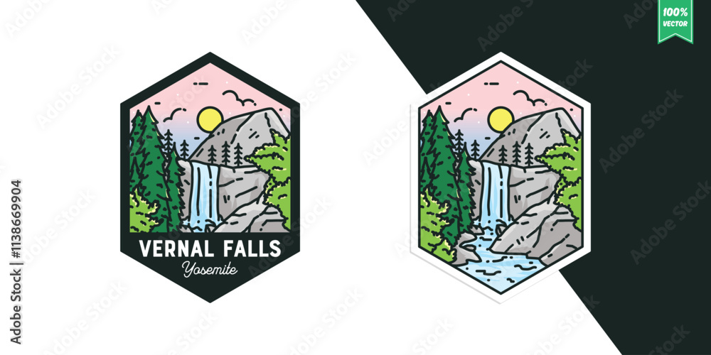 Vernal Falls Yosemite vintage bagde logo design illustration Stock ...