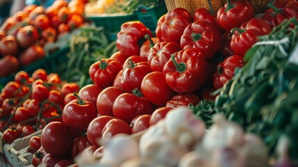 Canvas Print - Fresh red tomatoes and vegetables at a vibrant outdoor market