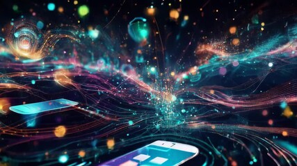 Poster - Smartphone transmitting data through an abstract, colorful space illustrates themes of technology, communication, and connectivity, showcasing the dynamic flow of information in a digital world