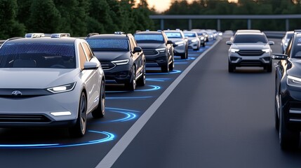 Poster - A digital hologram car is displayed above a busy highway, showcasing an advanced traffic control system in a futuristic cityscape