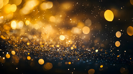 A golden bokeh background filled with glitter against a black backdrop, ideal for festive occasions.