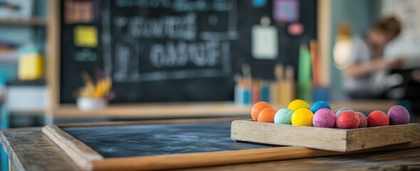 Poster - Colorful erasers on a table in a classroom with blurred background.