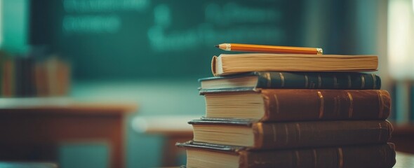 Poster - Books stacked with pencil on top in a classroom.